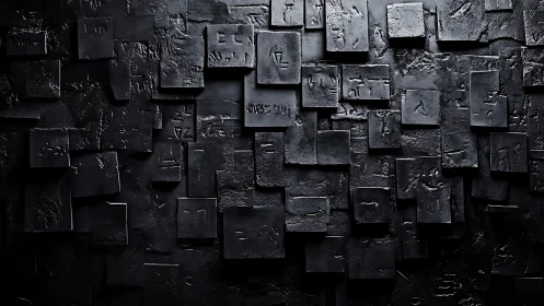 Textured black relief wall with layered geometric panels.