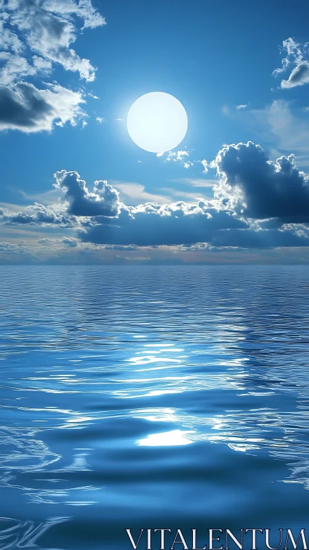 Sunlit sky and reflective ocean surface form a vertical study