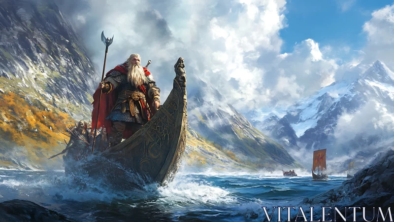 Viking warlord commanding longship through icy fjord storm.