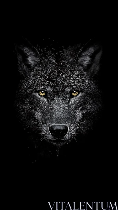 Golden-eyed black wolf gazing from the quiet darkness.