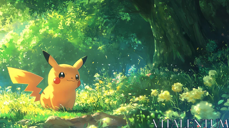 Pikachu resting in luminous forest clearing at sunrise.