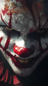 Sinister clown close-up reveals cracked paint and menacing grin