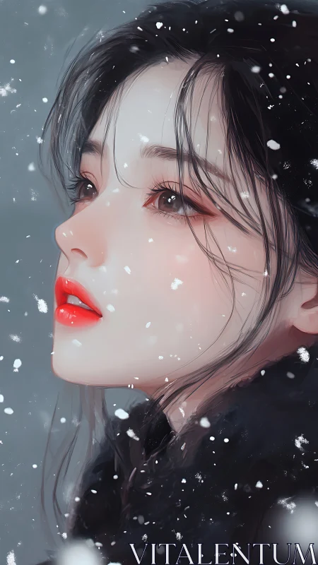 Snowlit profile portrait with luminous red lips in winter.