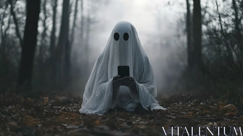 Texting ghost in a foggy forest scrolls through the afterlife.