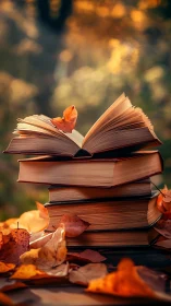 Autumn pages awaken on a glowing tower of forgotten books.