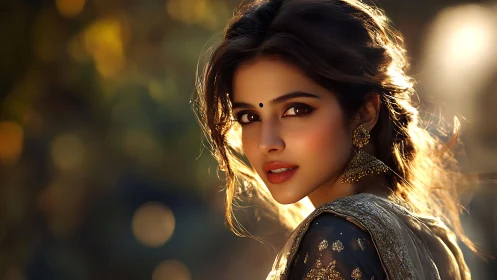 Golden hour portrait of woman in ornate embroidered sari.