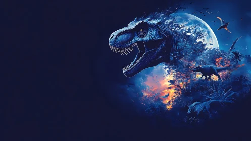 Digital dinosaur composition shows fragmented head beside moon