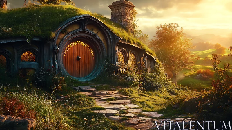 Cozy hilltop hobbit house basks in warm golden sunset light.