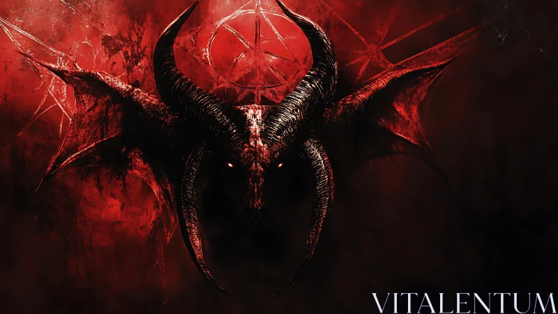Horned demon visage emerging from crimson inferno background.