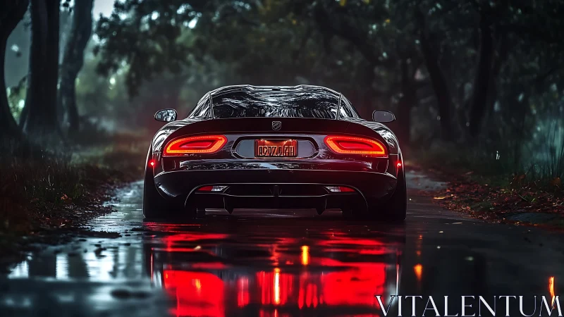 Sleek supercar idling on rain-soaked forest road at dusk.