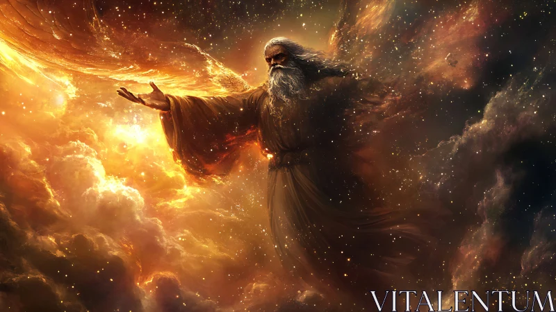 Celestial sage summons galaxies in roaring solar clouds.