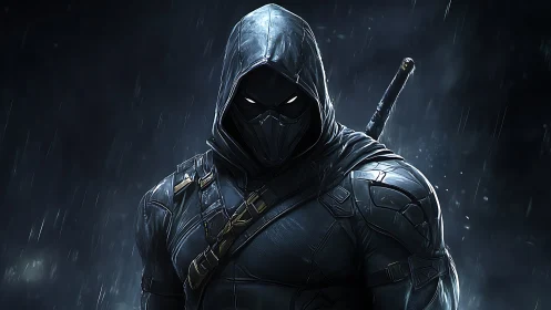 Tactical stealth operative in armored hood under volumetric rain.