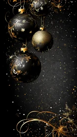 Black and gold ornament spheres on dark festive background.