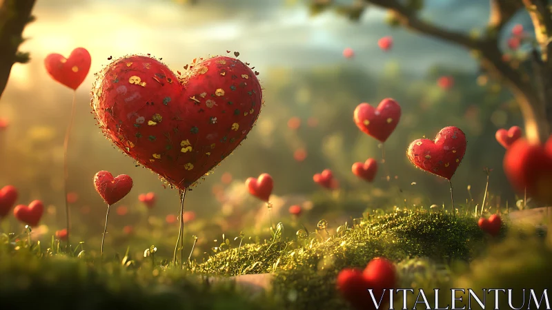 Luminous Heart Balloons Floating in Sunlit Meadow Landscape