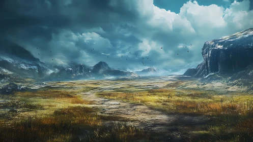 Expansive tundra valley under turbulent cumulonimbus sky system
