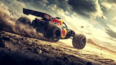 Off-road racing buggy powerslide kicks dust under storm sky