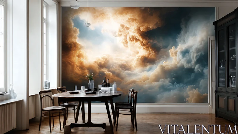 Dining room wall mural shows dramatic golden storm clouds
