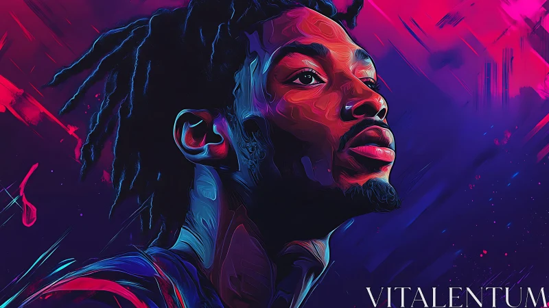 Digital portrait depicts male profile under magenta and blue light