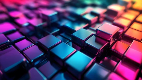 Vibrant 3D Metallic Cubes in Abstract Neon Digital Art Style.