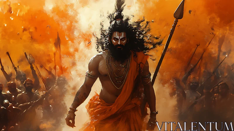 Warrior ascetic strides through blazing orange battlefield mist