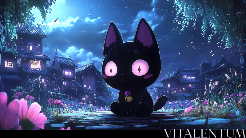 Moonlit village listens while the wide eyed neko keeps watch