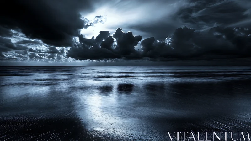 Moonlit storm clouds tango above a glassy midnight sea