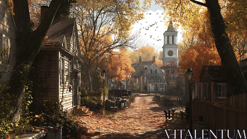 Autumn village street leads toward distant clock tower