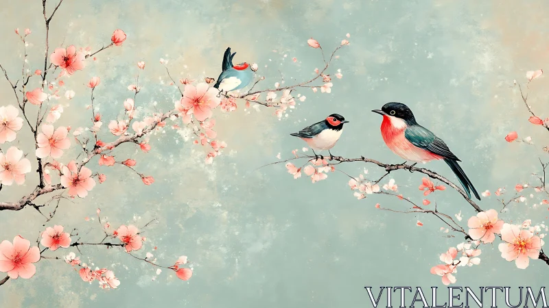 Songbirds perch on blooming cherry branches in soft light