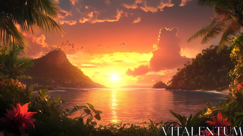 Sunset-splashed lagoon cradled by lush tropical guardians.