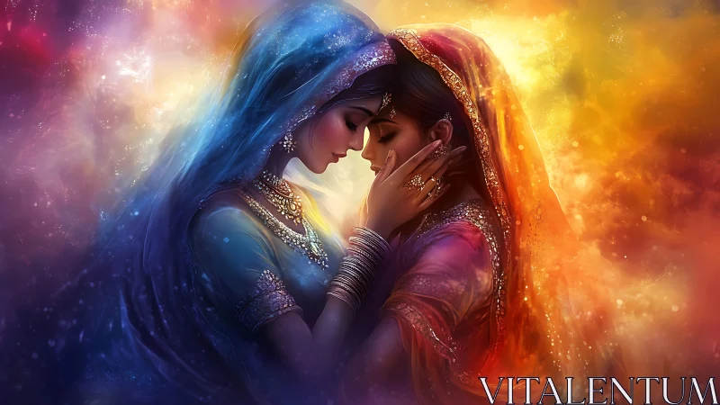 Two figures in ornamental dress positioned closely amid luminous atmospheric effect.