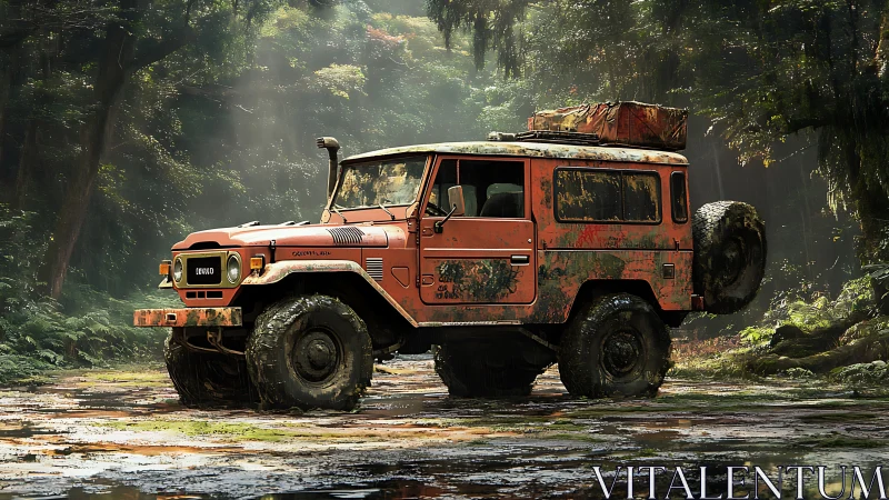 Mud-splattered jungle truck pauses where sunlight drips down