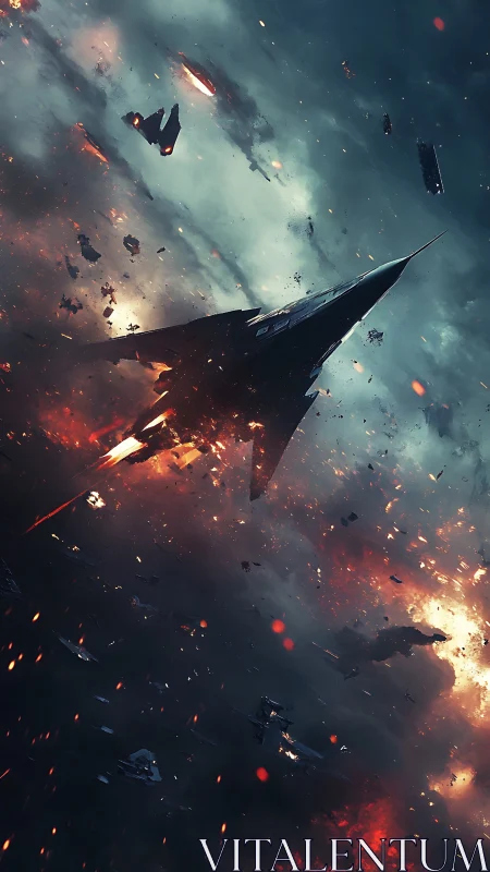 Hypersonic strike craft piercing debris‑streaked nebular battlefield.