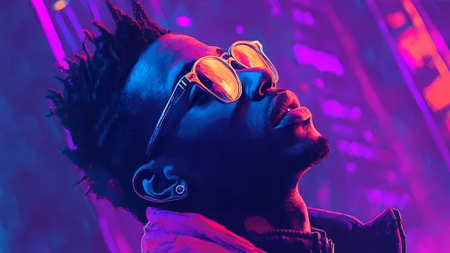 Neon portrait of man in sunglasses facing glowing city lights.