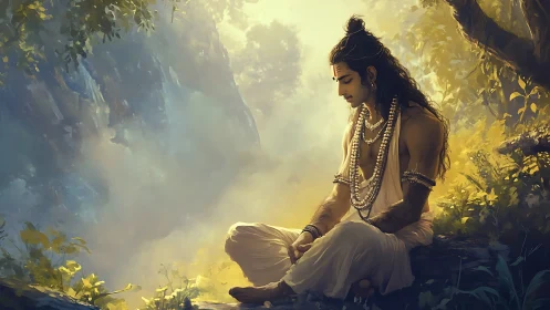 Serene robed ascetic seated in soft forest light.