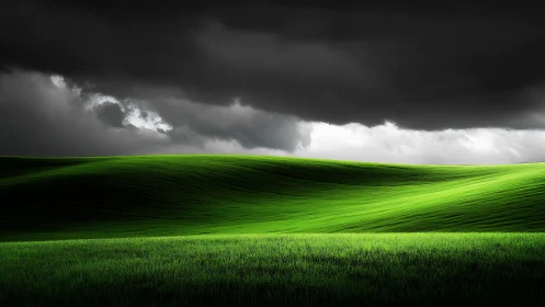 Sunlit green hills curve beneath looming storm clouds