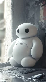 Soft-bodied white robot stands in decayed urban corridor