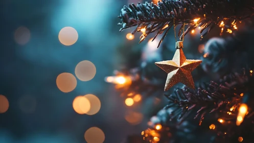 Golden star ornament glows on frosted Christmas tree.