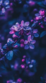 Neon-lit flowers bloom in deep blue and magenta darkness