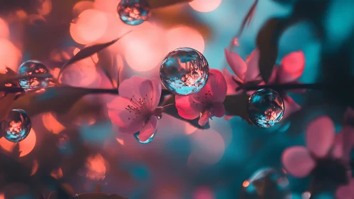 Dew-Coated Flower Petals with Bokeh Light Refraction and Chromatic Separation