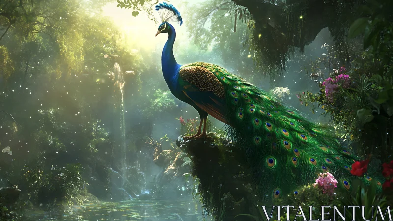Majestic peacock overlooks enchanted forest waterfall.