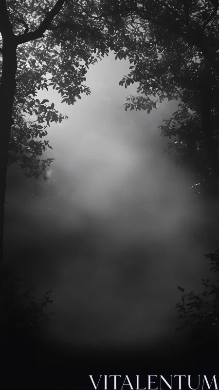 Soft twilight fog settles gently beneath a leafy forest arch