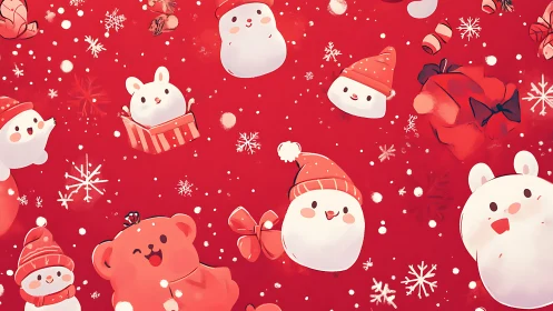 Kawaii winter animal pattern on red Christmas background