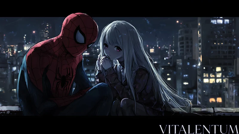 Spider-themed hero and anime girl share nocturnal rooftop vigil