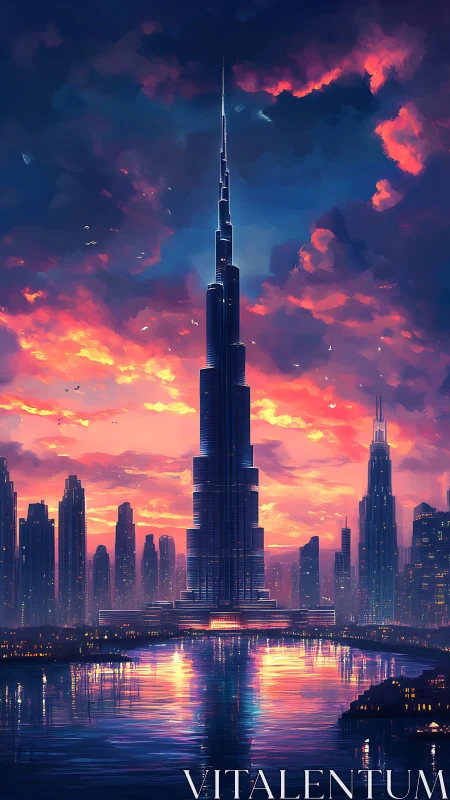 Tall central skyscraper dominates reflective waterfront skyline