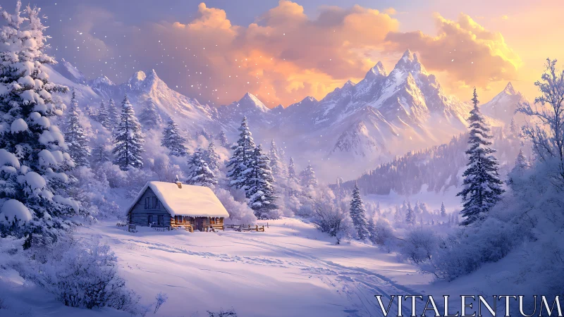 Snow cabin nestles below glowing alpine sunset peaks.