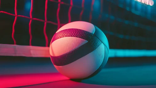 Glowing volleyball rests by the net under bold neon lights