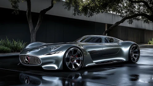 Futuristic silver Mercedes concept car on wet pavement.