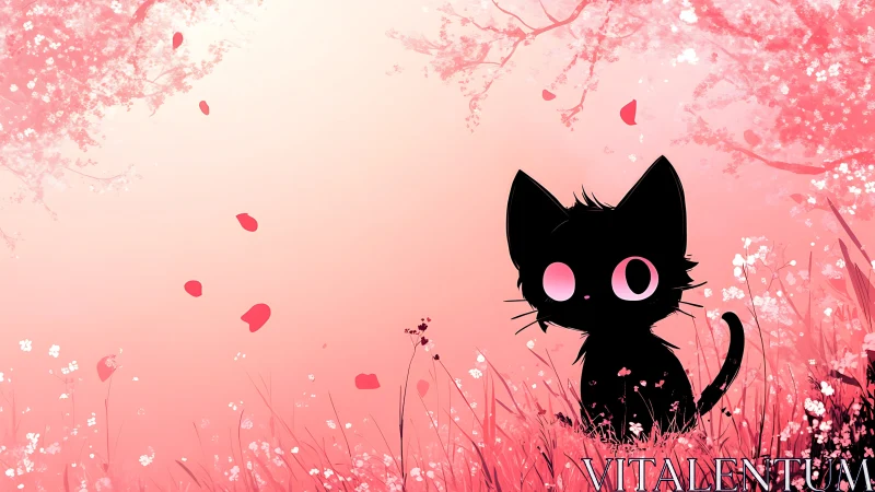 Silhouette kitten amid pink blossoms in dreamy dusk meadow.