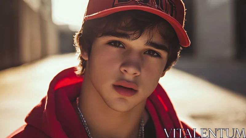 Golden hour street portrait of teen in red cap and hoodie.