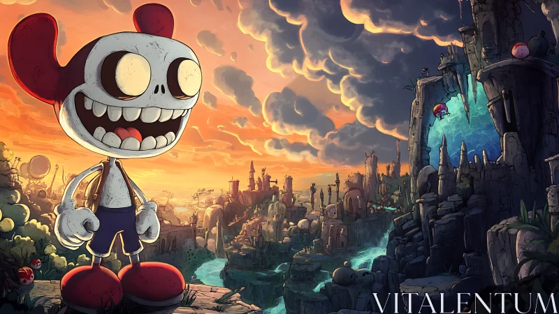 Cartoon skeleton mascot overlooks sprawling fantasy canyon